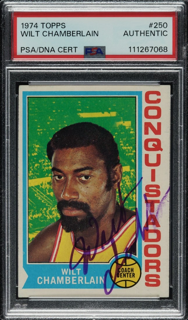 Wilt Chamberlain Autographed 1974-75 Topps Basketball Card #250 PSA DNA 1 of 5: Wilt Chamberlain Autographed 1974-75 Topps Basketball Card #250 PSA DNA 1 of 5 This is a Wilt Chamberlain signed 1974-75 Topps basketball card, featuring card number 250. The card is part of the Topps