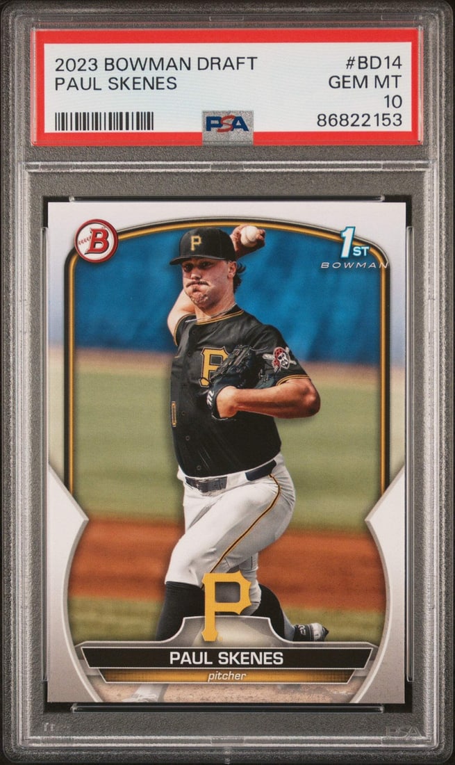 2023 Topps Bowman Draft Paul Skenes PSA 10 Rookie Baseball Card: 2023 Topps Bowman Draft Paul Skenes PSA 10 Rookie Baseball Card Introducing the 2023 Topps Bowman Draft Paul Skenes #BD14 Rookie Baseball Card, expertly graded PSA 10. This high-quality card features 