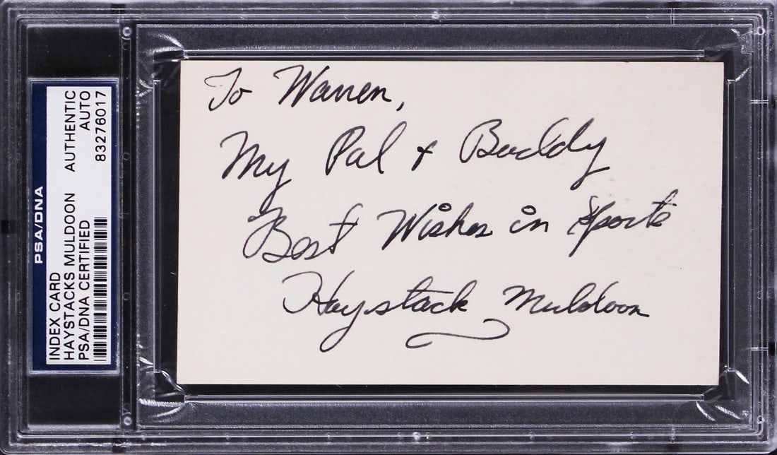 PSA Slabbed Haystacks Muldoon Signed 3x5 Wrestling Index Card with Inscription: PSA Slabbed Haystacks Muldoon Signed 3x5 Wrestling Index Card with Inscription This 3x5 index card has been personally signed by Haystacks Muldoon, featuring the inscription: "To Warren, My Pal & Budd