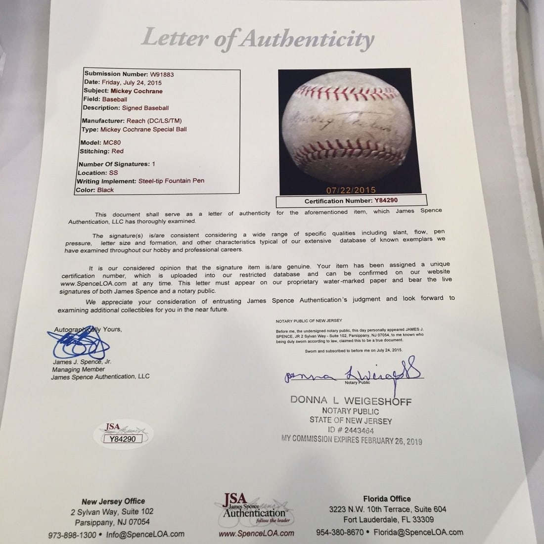 Mickey Cochrane Single Signed Baseball with JSA Authentication - 4