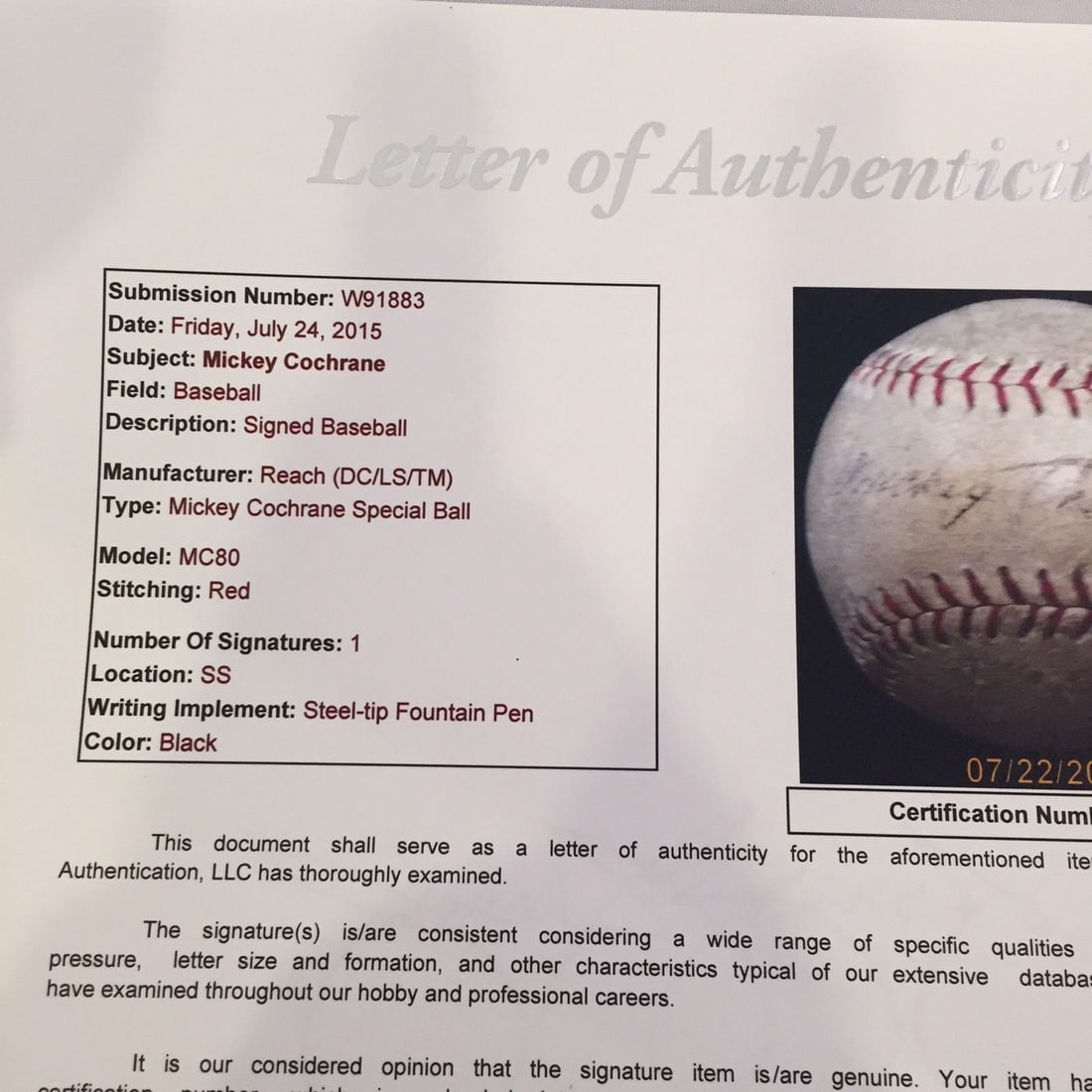 Mickey Cochrane Single Signed Baseball with JSA Authentication - 5