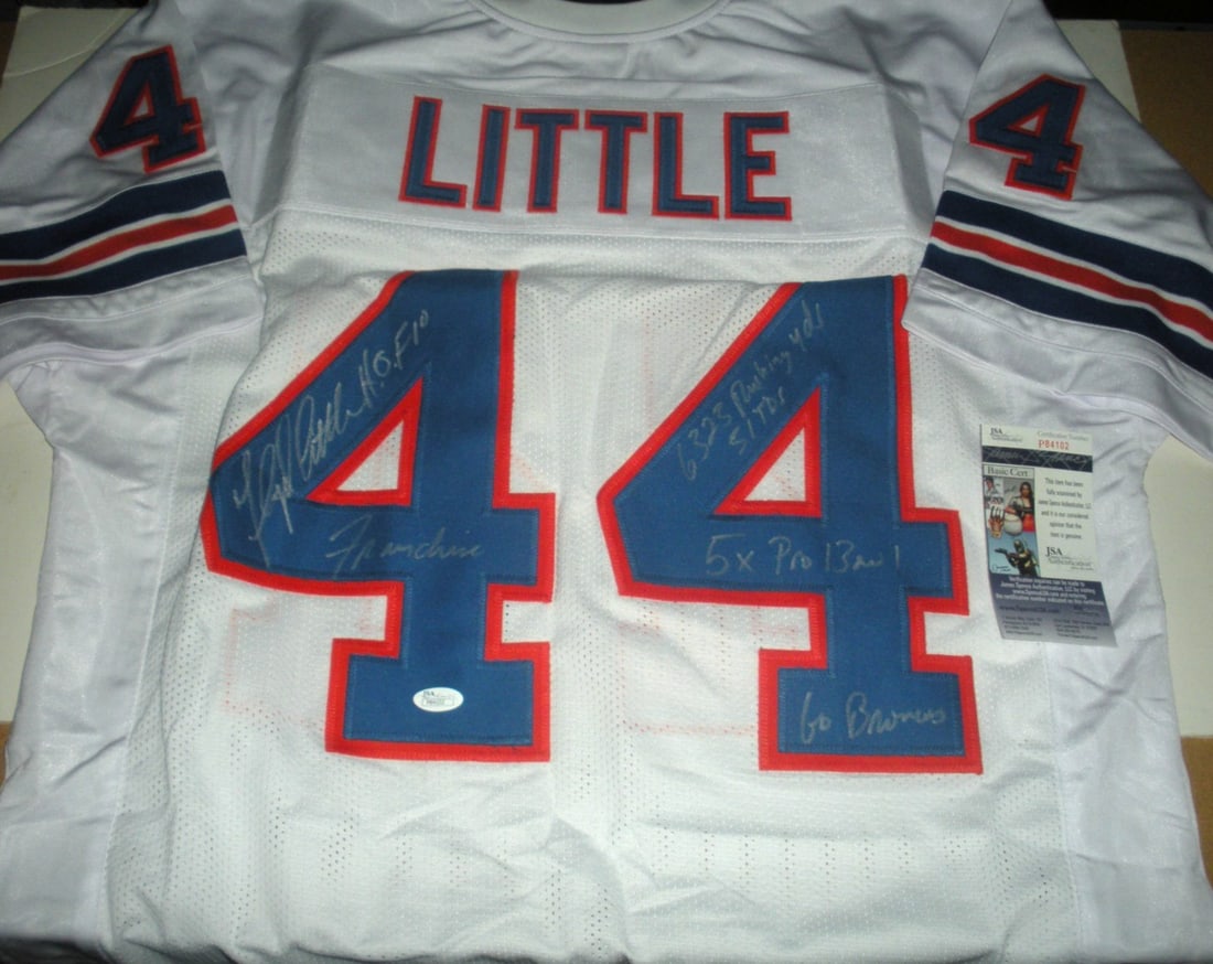 Denver Broncos Floyd Little Autographed Jersey With Full Career Stats JSA COA: Denver Broncos Floyd Little Autographed Jersey With Full Career Stats JSA COA This is a pre-owned Denver Broncos football jersey signed by Hall of Famer Floyd Little. The jersey is an original item