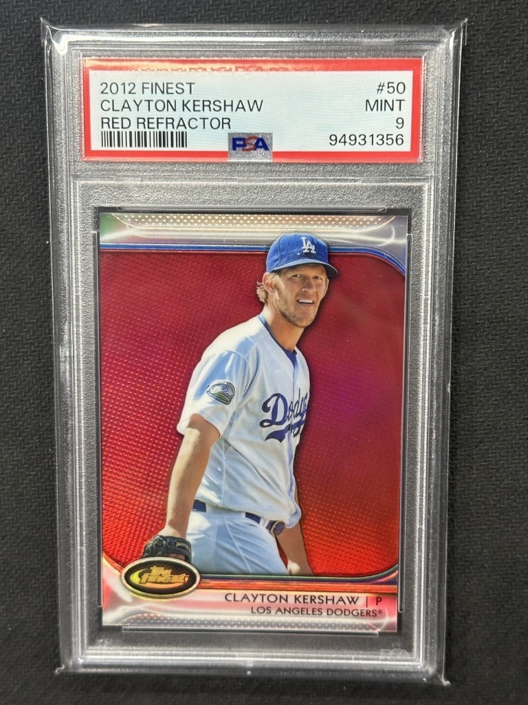 Clayton Kershaw 2012 Topps Finest Red Refractor PSA 9 Dodgers Card #50: Clayton Kershaw 2012 Topps Finest Red Refractor PSA 9 Dodgers Card #50 This is a highly collectible Clayton Kershaw 2012 Topps Finest Red Refractor baseball card, featuring card number 50. Graded at