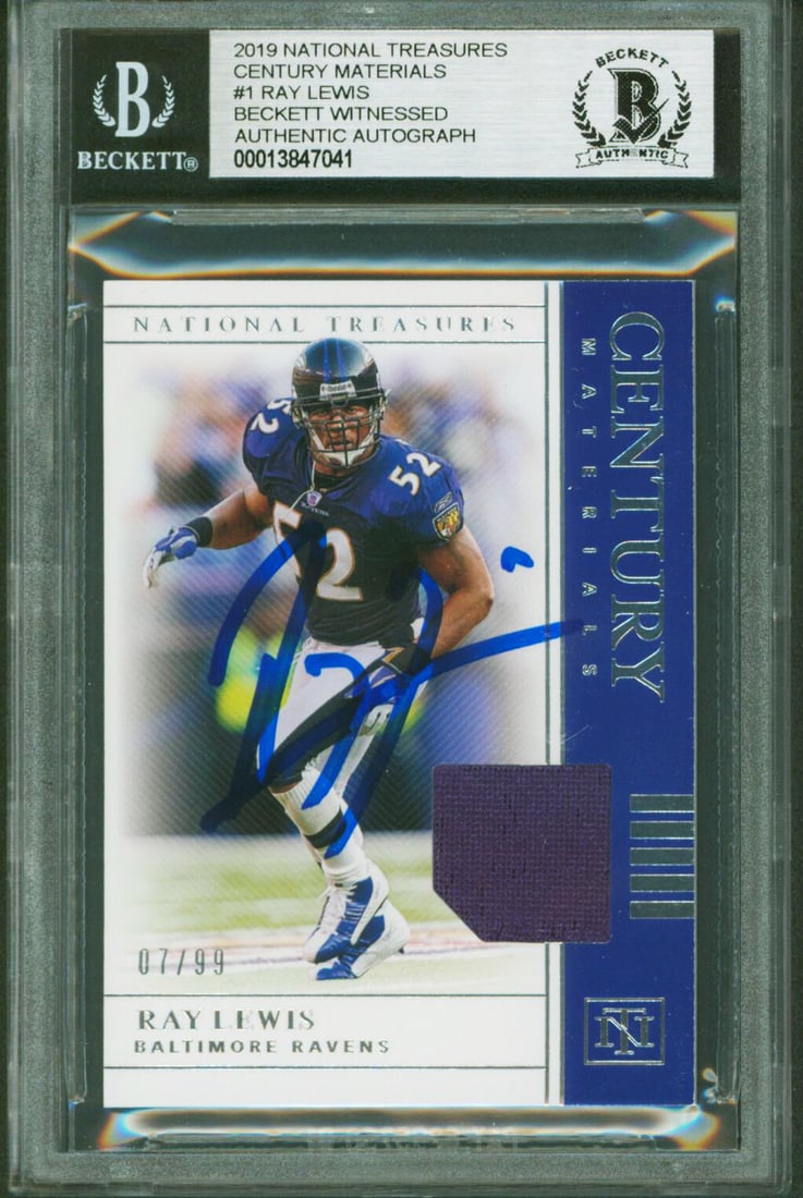 Ray Lewis Autographed 2019 National Treasures Century Card BAS Authenticated Slab: Ray Lewis Autographed 2019 National Treasures Century Card BAS Authenticated Slab This 2019 National Treasures Century Materials #1 card features Ray Lewis of the Baltimore Ravens. The card is persona