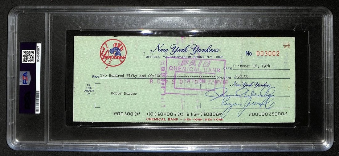 Bobby Murcer Autographed 1974 NY Yankees Payroll Check PSA/DNA: Bobby Murcer Autographed 1974 NY Yankees Payroll Check PSA/DNA This is an original 1974 New York Yankees payroll bank check signed by Bobby Murcer, featuring the Yankees logo and letterhead. The check