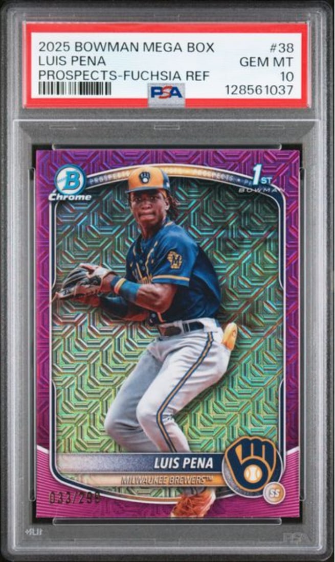 PSA 10 Luis Pena 2025 Bowman Mega Fuschia Rookie Card Serial Numbered 299: PSA 10 Luis Pena 2025 Bowman Mega Fuschia Rookie Card Serial Numbered 299 This is an original 2025 Topps Bowman Mega Box rookie card featuring Luis Pena, numbered #38 in the Fuschia parallel and limit