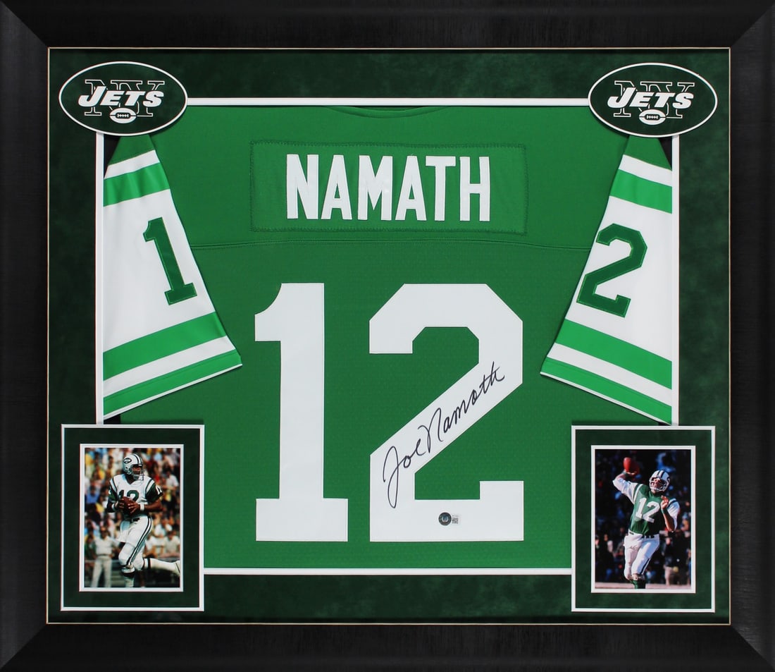 Joe Namath Signed Green Jets Framed Jersey with BAS Authentication: Joe Namath Signed Green Jets Framed Jersey with BAS Authentication Celebrate the legendary career of Joe Namath with this authentic signed Green Mitchell & Ness framed jersey from the New York Jets. P