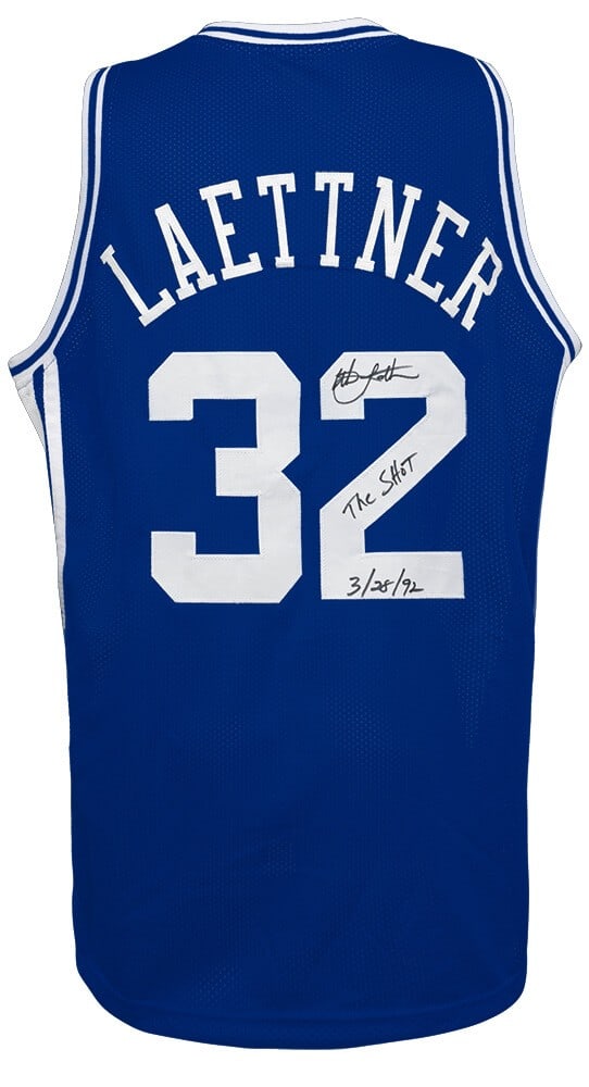 Christian Laettner Signed Blue Duke Jersey The Shot Inscription COA: Christian Laettner Signed Blue Duke Jersey The Shot Inscription COA This is a Christian Laettner signed blue custom college basketball jersey, featuring the inscription 'The Shot 3-28-92'. The jersey 