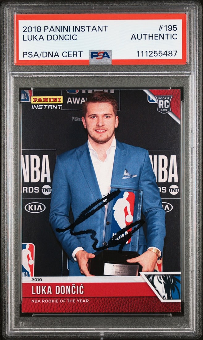 Luka Doncic Signed 2018 Panini Instant Rookie Card PSA Authenticated: Luka Doncic Signed 2018 Panini Instant Rookie Card PSA Authenticated This autographed 2018 Panini Instant #195 Rookie Card showcases the talent of Luka Doncic, a standout player for the Dallas Maveric