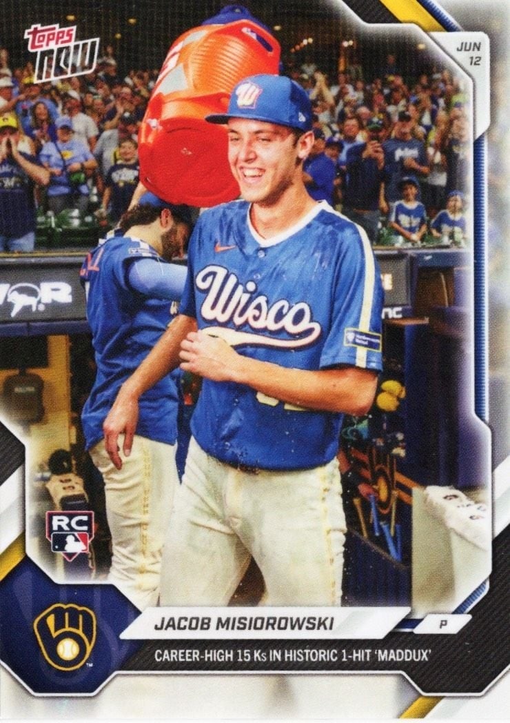 Topps Now 2026 Jacob Misiorowski 325SP Brewers Rookie Card: Topps Now 2026 Jacob Misiorowski 325SP Brewers Rookie Card 2026 Topps Now Jacob Misiorowski #325SP rookie sports trading card featuring the Milwaukee Brewers player. This pre-owned paper card is a sho