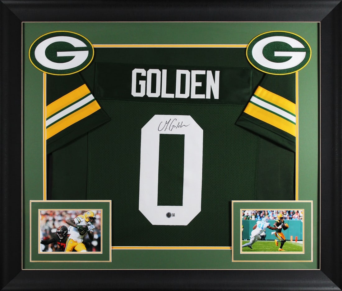 Framed Green Jersey Signed by Matthew Golden Beckett BAS Witnessed Packers: Framed Green Jersey Signed by Matthew Golden Beckett BAS Witnessed Packers This professionally framed Green Pro Style jersey has been personally signed by Matthew Golden of the Green Bay Packers. The 