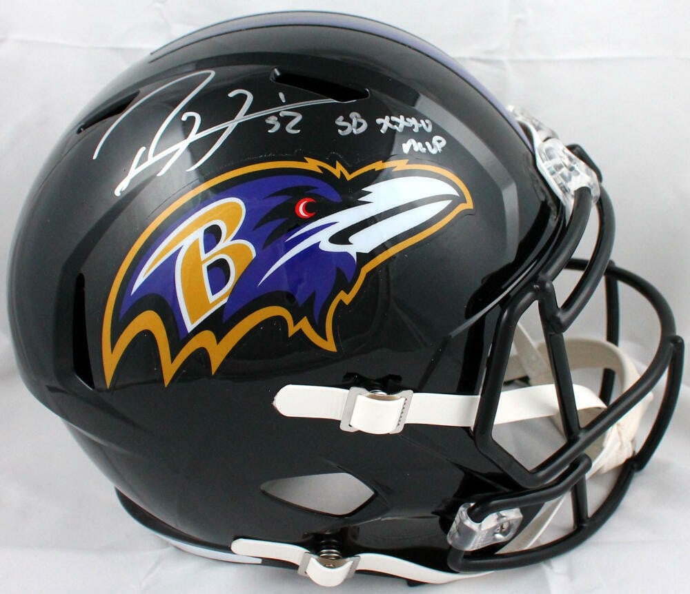 Baltimore Ravens full size Speed helmet signed by Ray Lewis Beckett hologram: Baltimore Ravens full size Speed helmet signed by Ray Lewis Beckett hologram This is an original full-size Baltimore Ravens football helmet signed by Ray Lewis. It is identified as a Super Bowl MVP it
