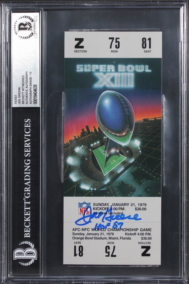 Joe Greene Signed Super Bowl XIII Replica Ticket BAS Auto 10 With HOF 87 Inscription: Joe Greene Signed Super Bowl XIII Replica Ticket BAS Auto 10 With HOF 87 Inscription This is a Super Bowl XIII replica ticket stub featuring the matchup between the Pittsburgh Steelers and the Dallas 