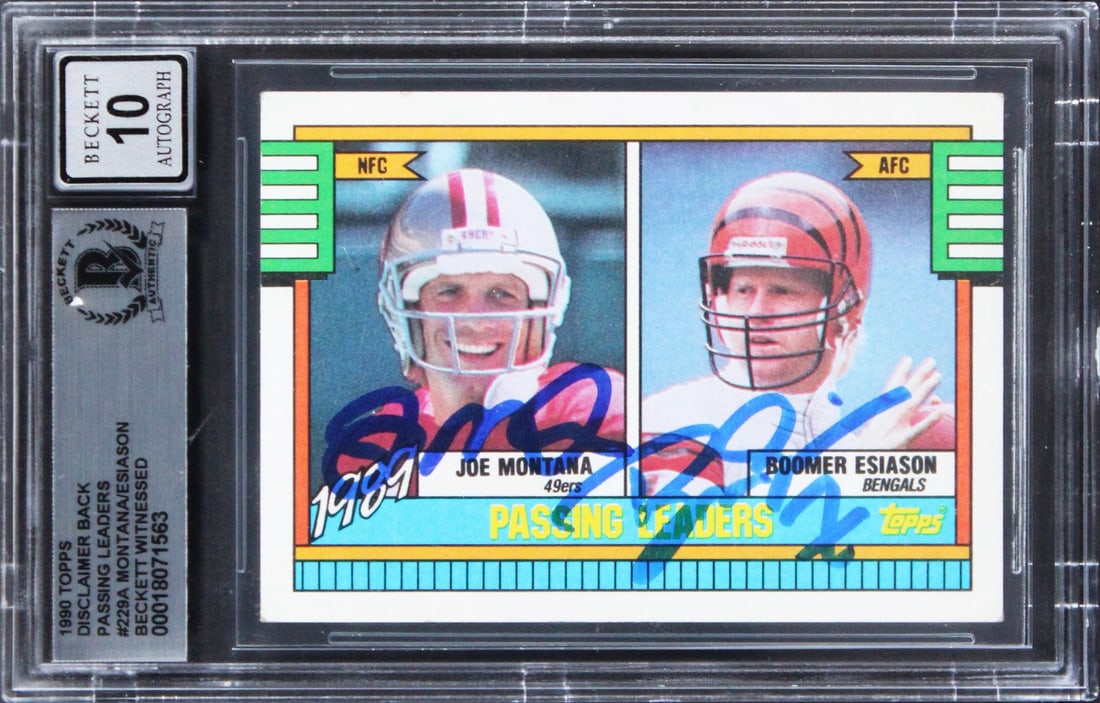 Joe Montana Boomer Esiason Signed 1990 Topps #229A Card Gem Mint 10 BAS: Joe Montana Boomer Esiason Signed 1990 Topps #229A Card Gem Mint 10 BAS This 1990 Topps Disclaimer Back Passing Leaders #229A card features the iconic signatures of football legends Joe Montana and Bo