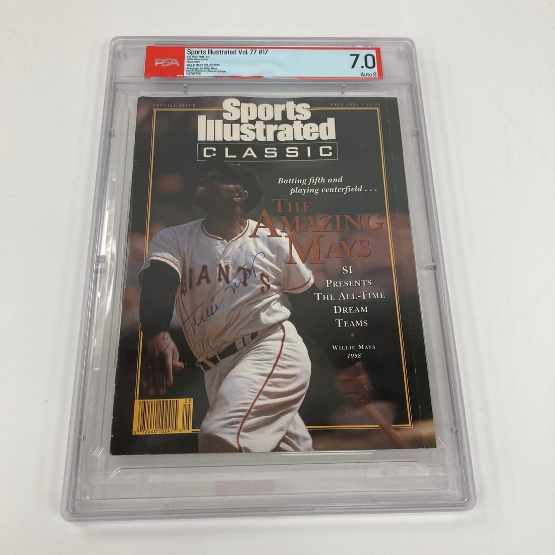 1992 Sports Illustrated Magazine Autographed by Willie Mays PSA Certified: 1992 Sports Illustrated Magazine Autographed by Willie Mays PSA Certified Original 1992 Sports Illustrated magazine signed by Willie Mays. This pre-owned baseball collectible is authenticated by PSA a