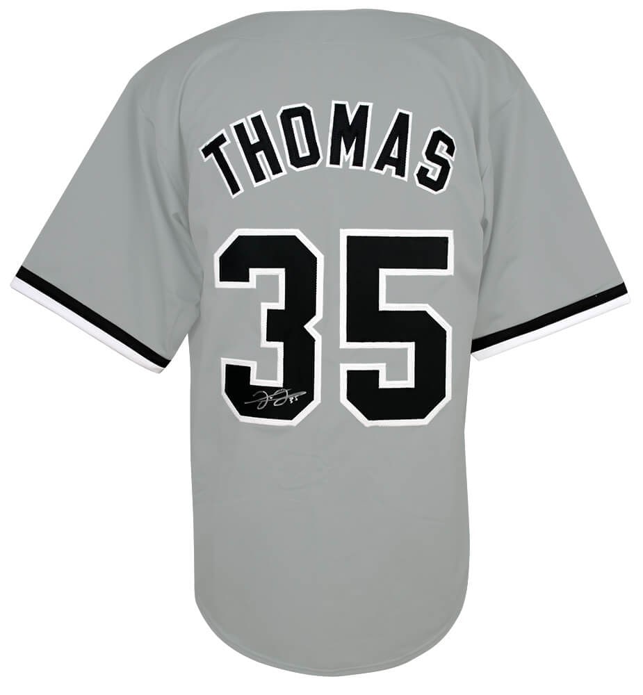 Chicago White Sox Frank Thomas autographed gray baseball jersey with COA: Chicago White Sox Frank Thomas autographed gray baseball jersey with COA Pre-owned grey custom baseball jersey signed by Frank Thomas. The jersey is associated with the Chicago White Sox and comes wit