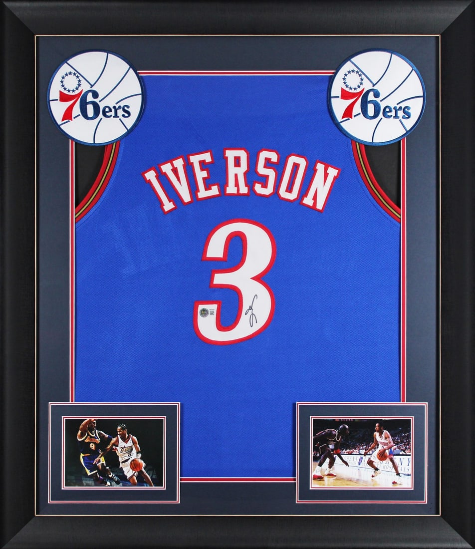 Framed Blue Jersey Signed by Allen Iverson BAS Beckett Authentic: Framed Blue Jersey Signed by Allen Iverson BAS Beckett Authentic Autographed blue pro style framed jersey personally signed by Allen Iverson of the Philadelphia 76ers. The item is original and include