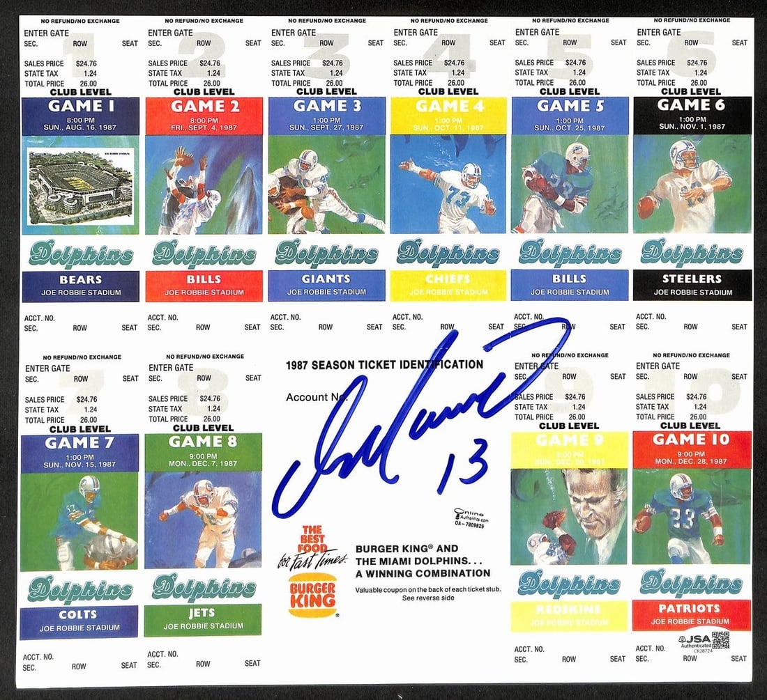 1987 Unused Football Season Ticket Sheet Signed by Dan Marino JSA Authenticated: 1987 Unused Football Season Ticket Sheet Signed by Dan Marino JSA Authenticated This is an original, un-used 1987 season ticket sheet signed by Dan Marino, Hall of Fame quarterback. The ticket sheet i