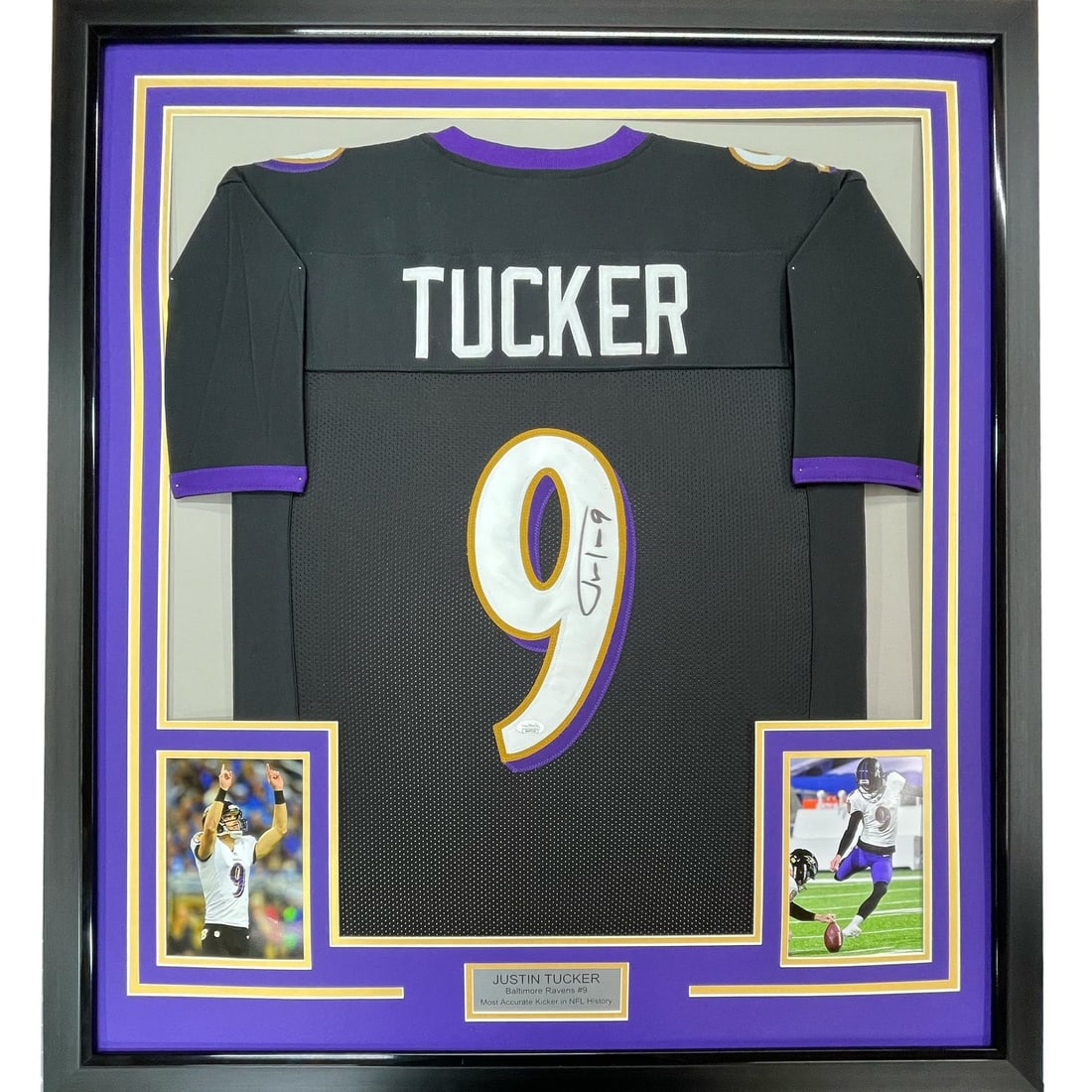Justin Tucker autographed framed Baltimore Ravens jersey with JSA 35x39: Justin Tucker autographed framed Baltimore Ravens jersey with JSA 35x39 Professionally framed and matted signed Justin Tucker Baltimore Ravens black jersey display with two 5x7 photos. This original a