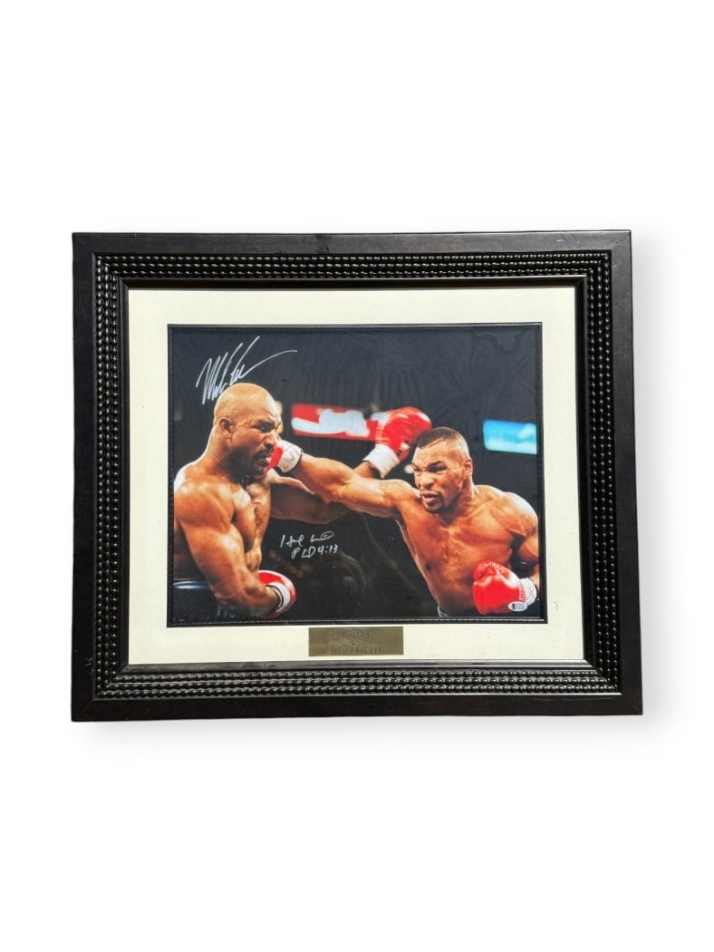 Mike Tyson Evander Holyfield Signed Framed 16x20 Photo Beckett Authenticated: Mike Tyson Evander Holyfield Signed Framed 16x20 Photo Beckett Authenticated This striking framed photo captures the iconic moment between boxing legends Mike Tyson and Evander Holyfield. The autograp