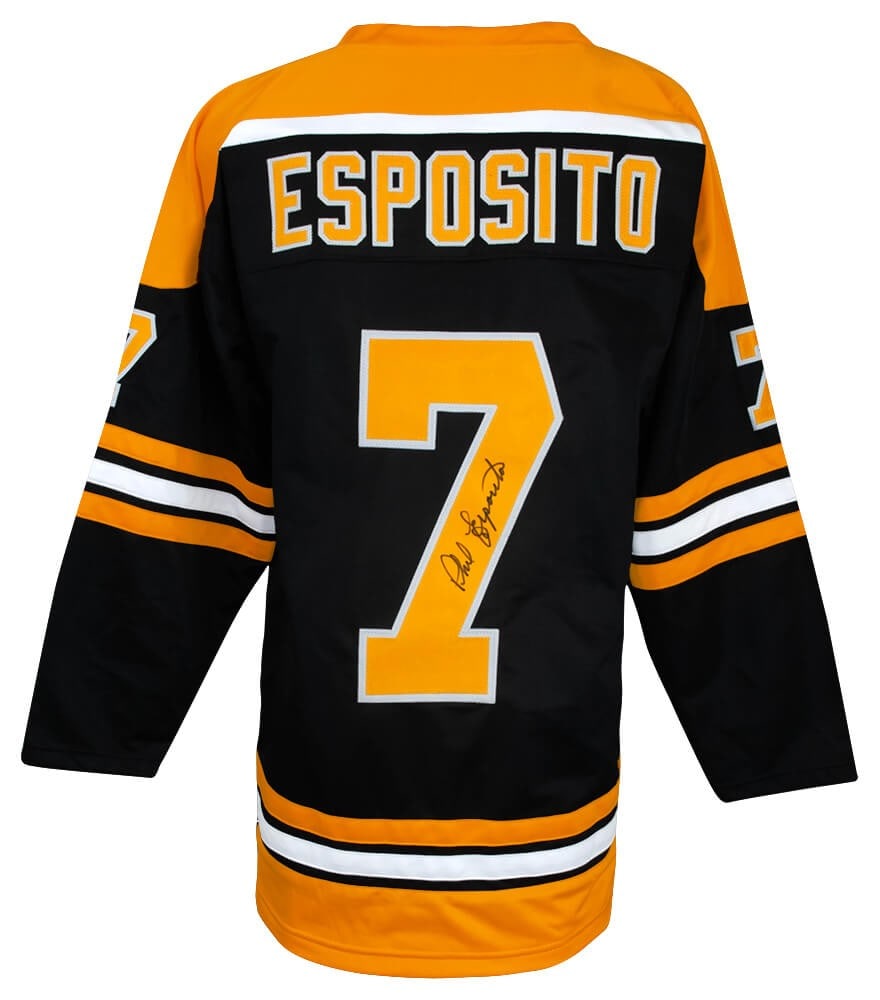 Phil Esposito Signed Black Bruins Hockey Jersey with COA: Phil Esposito Signed Black Bruins Hockey Jersey with COA This is a signed black custom hockey jersey featuring Phil Esposito, a celebrated player of the Boston Bruins. The jersey is an original piece 