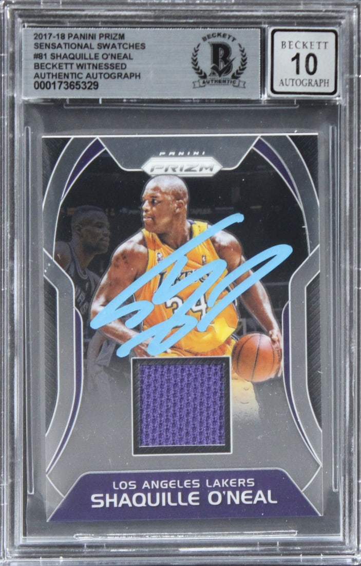 2017 Panini Prizm Sensational Swatches #81 Shaquille O'Neal Auto Beckett 10: 2017 Panini Prizm Sensational Swatches #81 Shaquille O'Neal Auto Beckett 10 Original 2017 Panini Prizm Sensational Swatches #81 card signed by Shaquille O'Neal and associated with the Los Angeles Lake