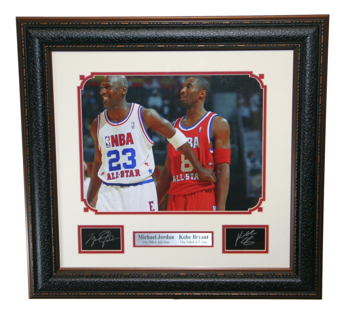 Framed 14x11 NBA All-Star Photo Michael Jordan Kobe Bryant: Framed 14x11 NBA All-Star Photo Michael Jordan Kobe Bryant Framed NBA All-Star photo featuring Michael Jordan and Kobe Bryant. This pre-owned basketball collectible is identified as a photo and presen