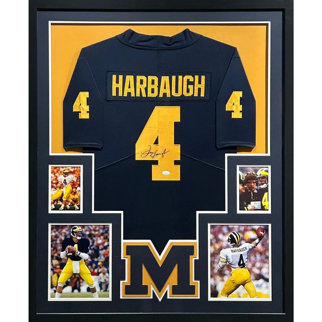Jim Harbaugh Signed Framed Jersey Michigan Wolverines JSA Certified: Jim Harbaugh Signed Framed Jersey Michigan Wolverines JSA Certified This autographed Jim Harbaugh jersey is a must-have for any Michigan Wolverines fan. The jersey is beautifully framed, showcasing in