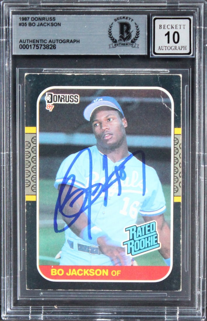 Bo Jackson Signed 1987 Donruss #35 Card Gem Mint 10 BAS Certified Royals: Bo Jackson Signed 1987 Donruss #35 Card Gem Mint 10 BAS Certified Royals This is an authentic autographed 1987 Donruss #35 card featuring Bo Jackson of the Kansas City Royals, graded Gem Mint 10. The 