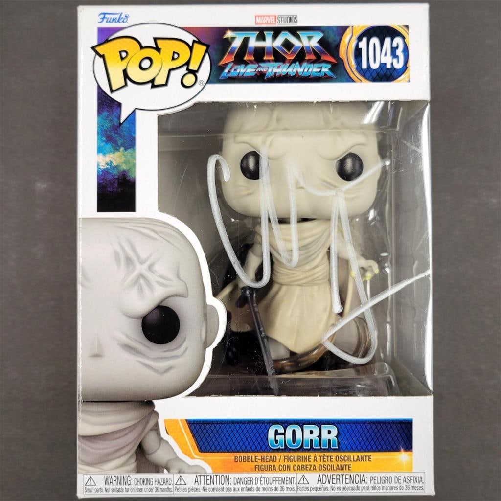 Christian Bale Signed Gorr Funko Pop Marvel Thor Beckett Authenticated: Christian Bale Signed Gorr Funko Pop Marvel Thor Beckett Authenticated This is a signed Funko Pop figure of Gorr from the Marvel movie Thor: Love and Thunder, autographed by actor Christian Bale. The 