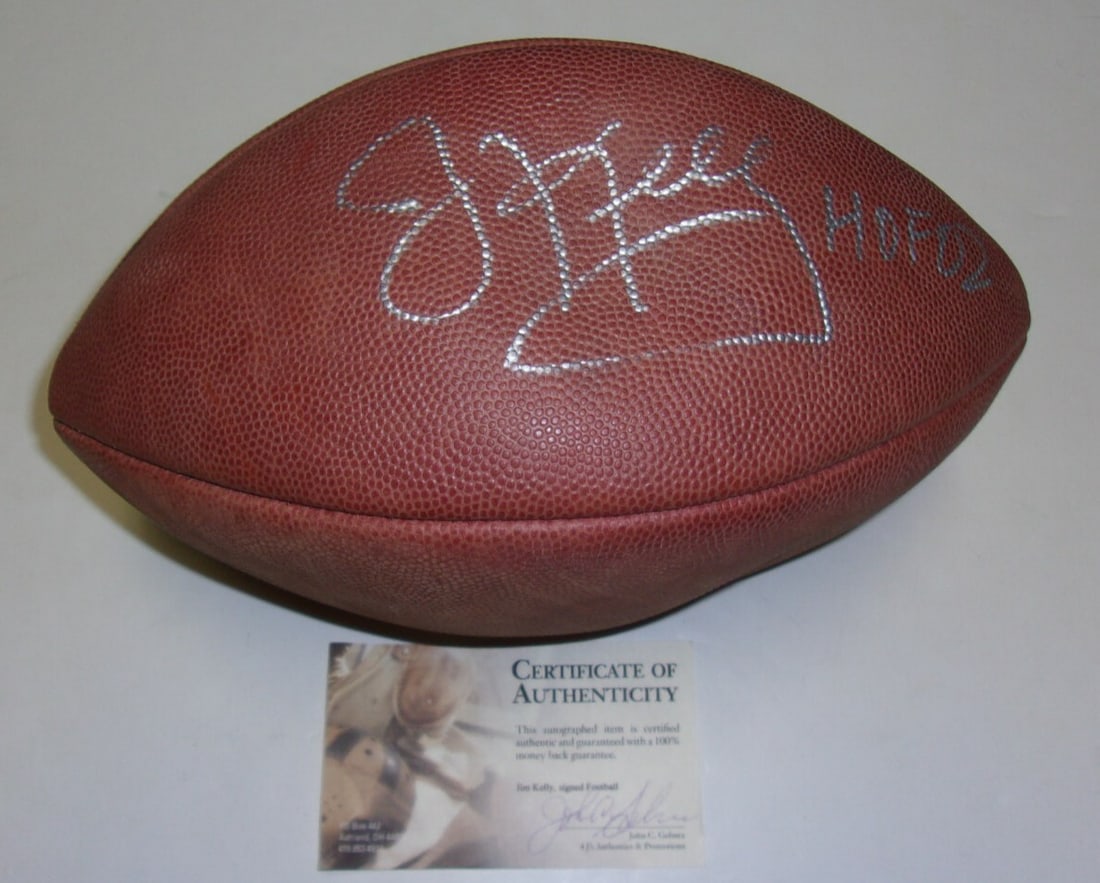 Autographed Official Football Jim Kelly Buffalo Bills HOF 2002 With COA: Autographed Official Football Jim Kelly Buffalo Bills HOF 2002 With COA This official game football has been signed by Jim Kelly, the renowned quarterback of the Buffalo Bills and a member of the Pro 