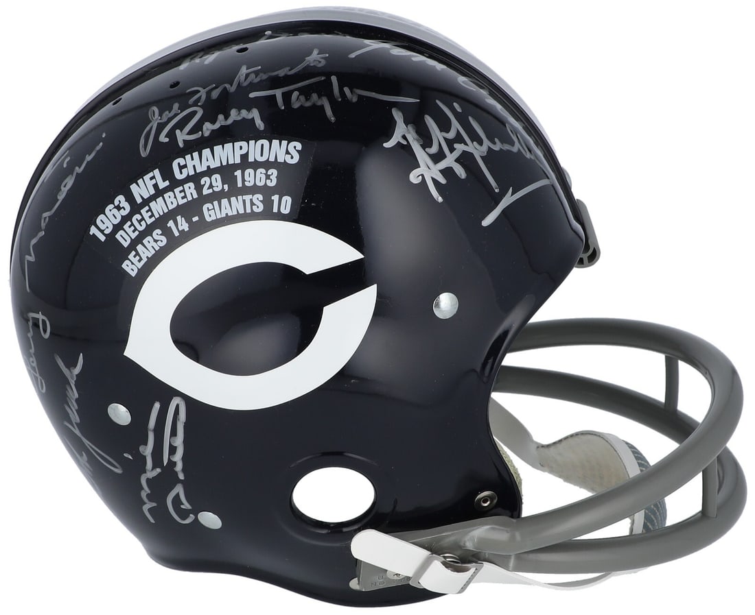 1963 Chicago Bears Team Signed Full Size Helmet with JSA COA: 1963 Chicago Bears Team Signed Full Size Helmet with JSA COA This full-size helmet commemorates the 1963 NFL Champion Chicago Bears, featuring the signatures of 24 team members, including legendary pl