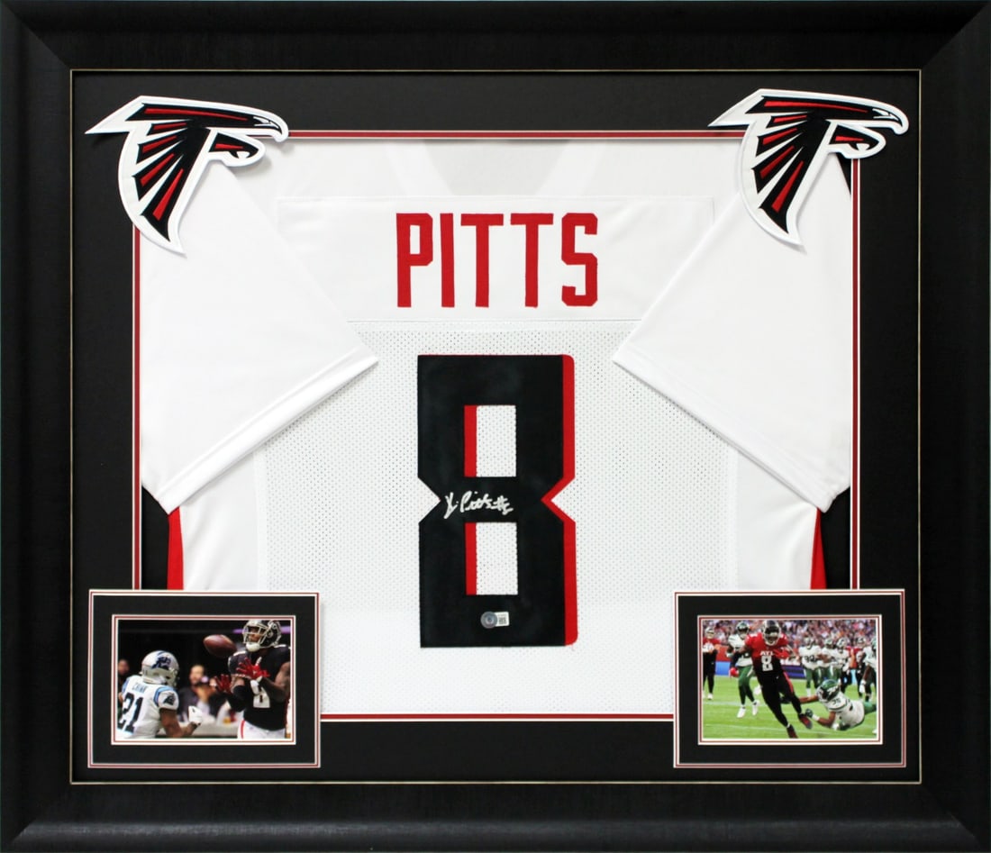 Kyle Pitts Signed Framed Jersey Atlanta Falcons BAS Witnessed: Kyle Pitts Signed Framed Jersey Atlanta Falcons BAS Witnessed This authentic white pro style framed jersey has been personally signed by Kyle Pitts of the Atlanta Falcons. The jersey is framed, showca