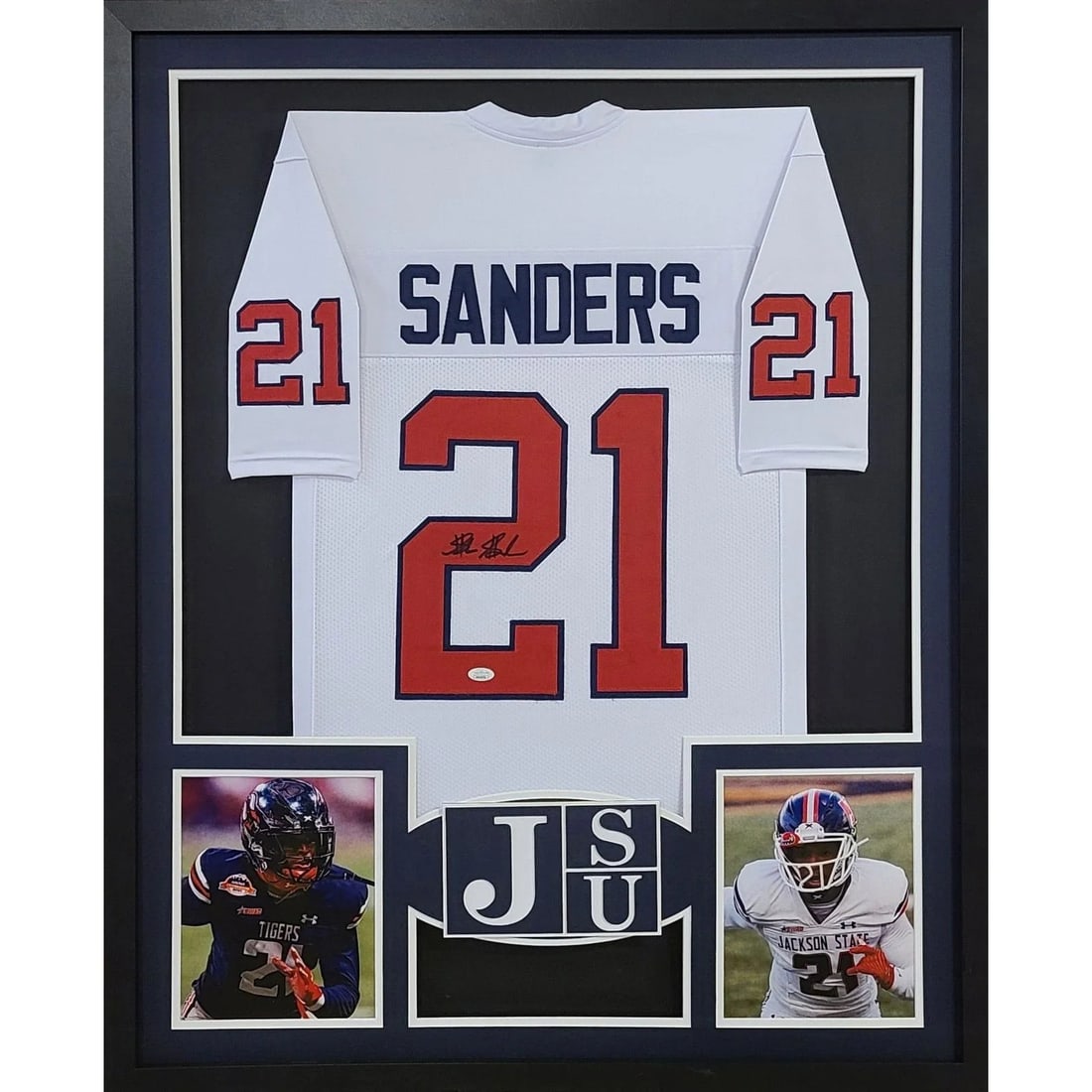 Shilo Sanders JSA Autographed Framed Jersey 42x34 Colorado Jackson State: Shilo Sanders JSA Autographed Framed Jersey 42x34 Colorado Jackson State This stunning Shilo Sanders framed jersey is a must-have for any sports memorabilia collector. Authenticated by JSA, a leader i