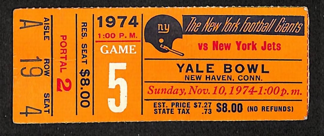 Original 11 10 1974 Giants Jets Ticket Stub 1st NFL Sudden Death Game: Original 11 10 1974 Giants Jets Ticket Stub 1st NFL Sudden Death Game Original ticket stub from the November 10, 1974 game between the New York Giants and New York Jets, noted as the first NFL sudden 