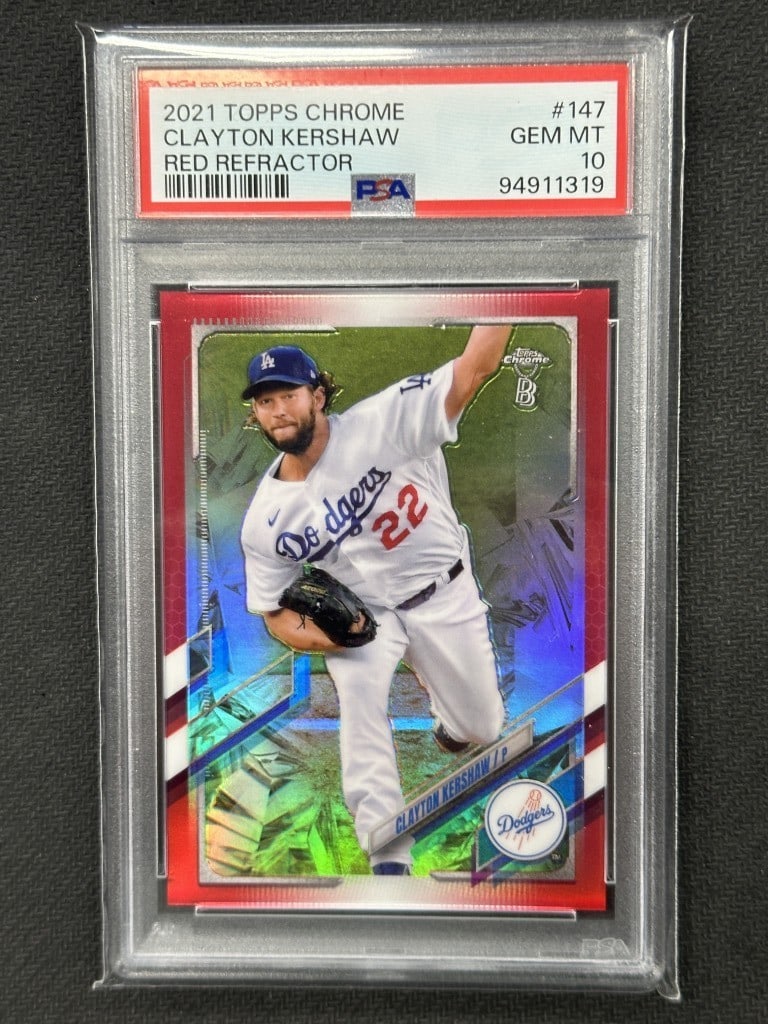 Clayton Kershaw 2021 Topps Chrome Ben Baller Red PSA 10 Dodgers Card #147: Clayton Kershaw 2021 Topps Chrome Ben Baller Red PSA 10 Dodgers Card #147 This is a 2021 Topps Chrome Ben Baller Red baseball card featuring Clayton Kershaw, a star player for the Los Angeles Dodgers.