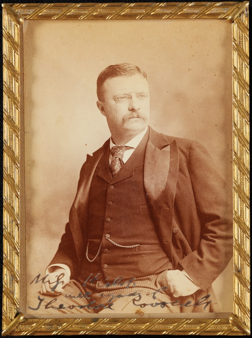Teddy Roosevelt Signed 4x5 Photo with Beckett COA in Ornate Frame: Teddy Roosevelt Signed 4x5 Photo with Beckett COA in Ornate Frame This stunning original photograph captures President Theodore Roosevelt in the 1800s, beautifully signed by him near the bottom. The p