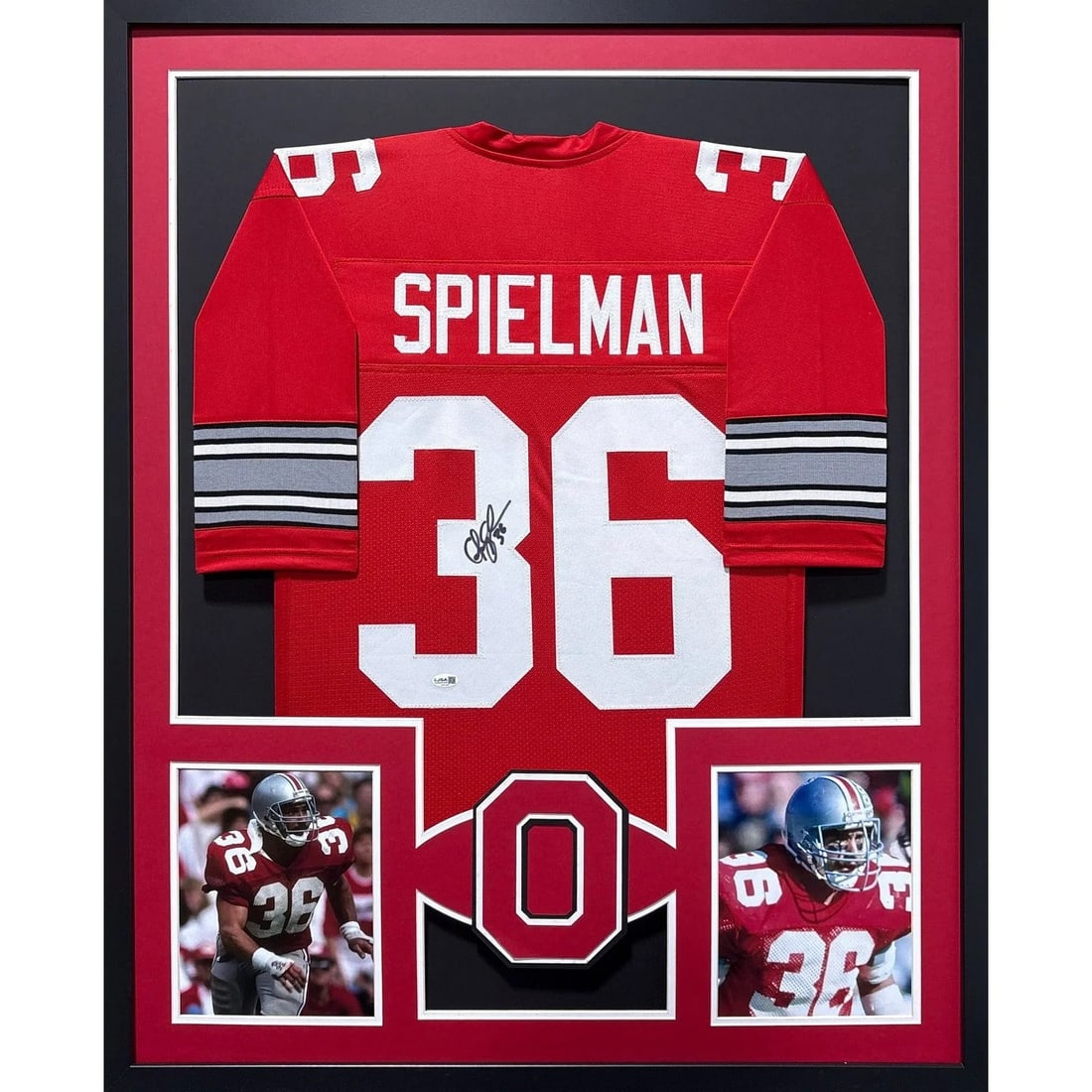Framed Ohio State Jersey Autographed by Chris Spielman JSA: Framed Ohio State Jersey Autographed by Chris Spielman JSA Autographed Chris Spielman framed Ohio State jersey with detailed custom framing and logo presentation. The piece includes JSA authentication