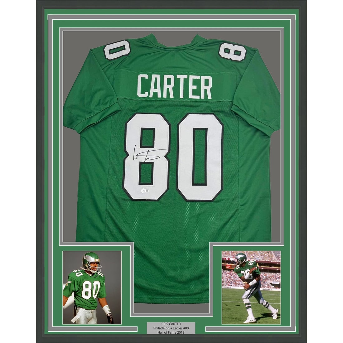 Cris Carter signed Philadelphia Eagles framed jersey with Beckett COA 35x39: Cris Carter signed Philadelphia Eagles framed jersey with Beckett COA 35x39 Professionally framed and matted original Cris Carter autographed Kelly green football jersey. This pre-owned display includ
