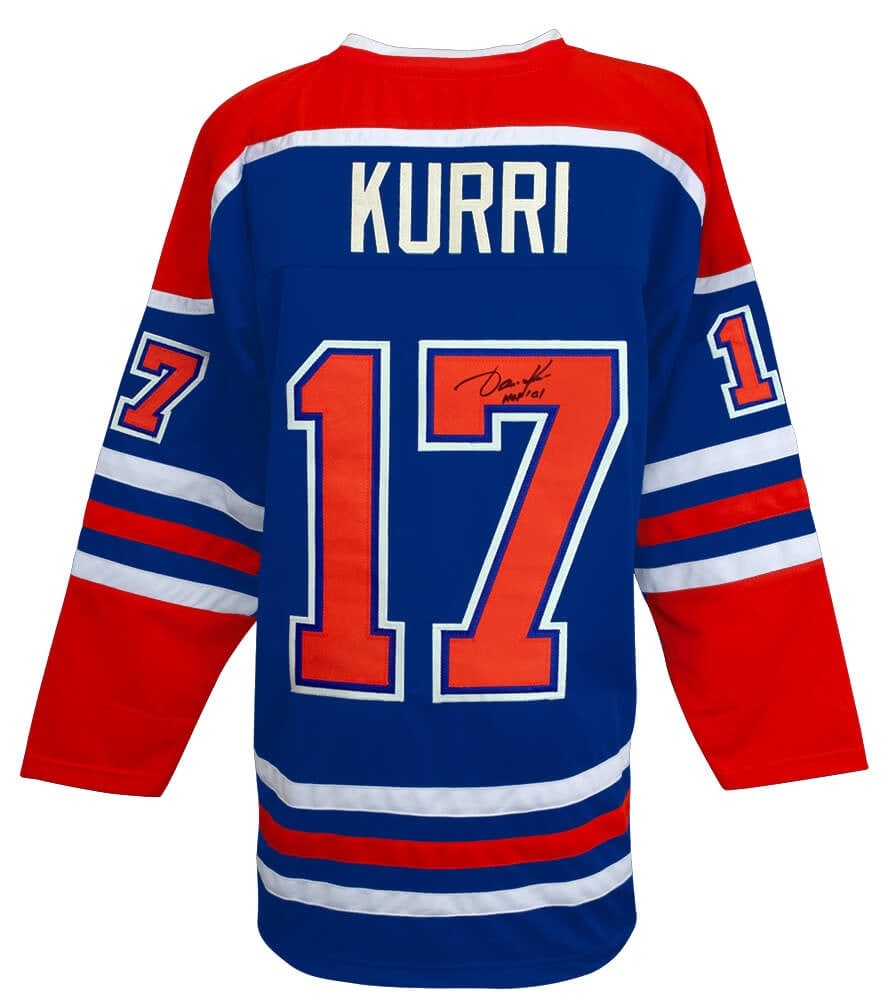 Jari Kurri Signed Blue Throwback Jersey HOF 01 with COA: Jari Kurri Signed Blue Throwback Jersey HOF 01 with COA This is a Jari Kurri signed blue throwback custom hockey jersey featuring the 'HOF 01' inscription. A celebrated player for the Edmonton Oilers,