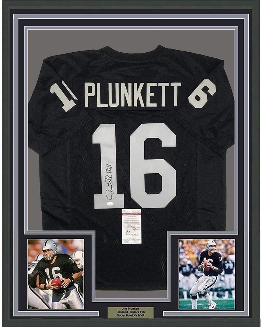 Jim Plunkett signed framed Oakland Raiders jersey JSA 35x39 (1 of 2)