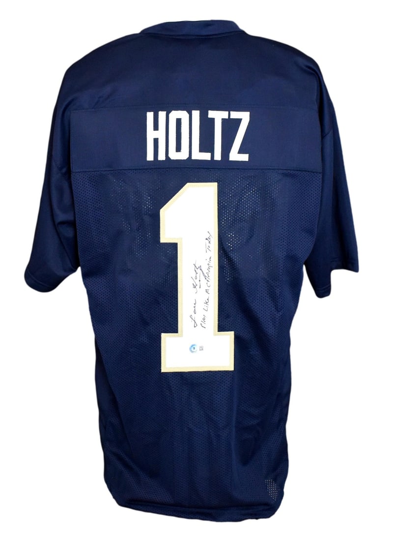 Lou Holtz Autographed Notre Dame Navy Custom Jersey With Play Like a Champion Today Inscription (1 of 4)