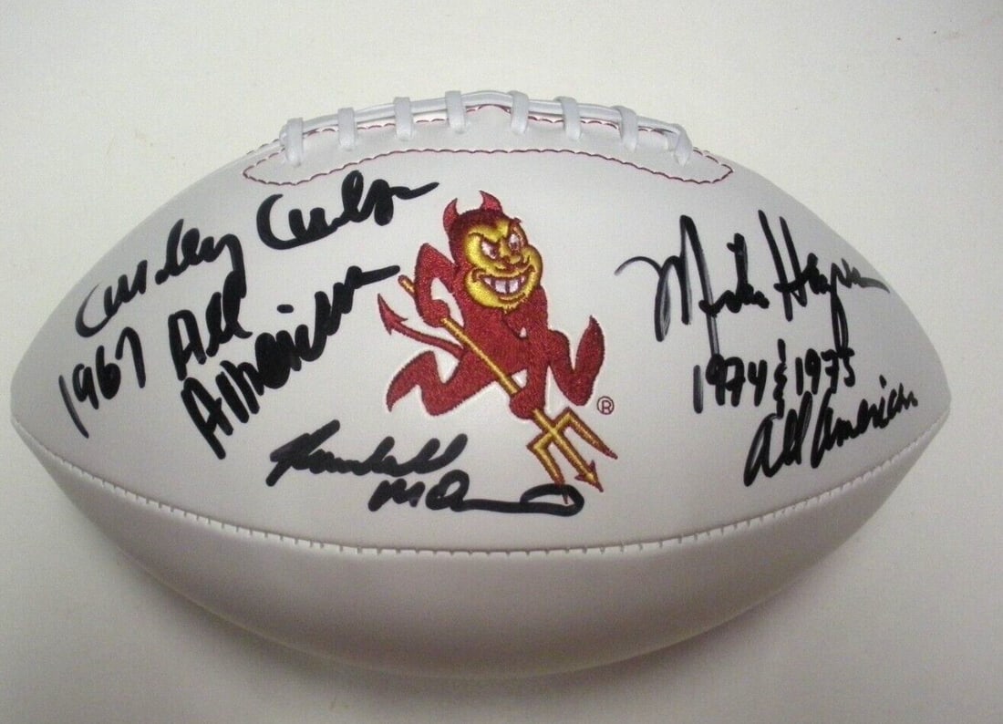 Football signed by Mike Haynes Curley Culp Randall McDaniel Beckett COA: Football signed by Mike Haynes Curley Culp Randall McDaniel Beckett COA This football features original signatures from Mike Haynes, Curley Culp, and Randall McDaniel, all associated with Arizona Stat