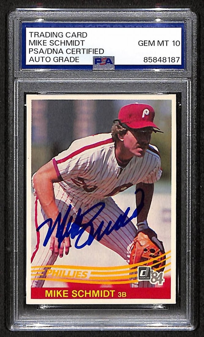 PSA DNA Gem 10 Signed 1984 Donruss 183 Mike Schmidt Phillies HOF Card: PSA DNA Gem 10 Signed 1984 Donruss 183 Mike Schmidt Phillies HOF Card Original Mike Schmidt 1984 Donruss Card #183 featuring the Philadelphia Phillies Hall of Famer, signed and graded PSA/DNA Auto GEM