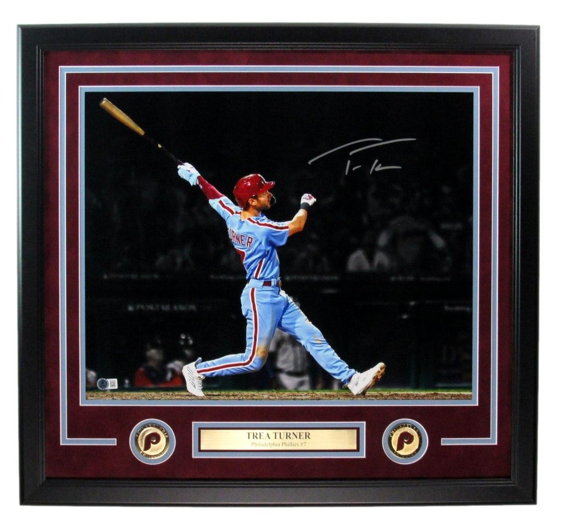 Framed 16x20 Philadelphia Phillies Photo Signed by Trea Turner Beckett Authenticated: Framed 16x20 Philadelphia Phillies Photo Signed by Trea Turner Beckett Authenticated This framed 16x20 photograph features Trea Turner of the Philadelphia Phillies and includes his authentic signature