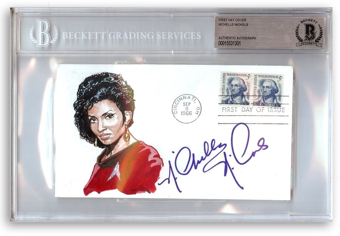 Star Trek Uhura First Day Cover Signed by Nichelle Nichols Beckett Authenticated: Star Trek Uhura First Day Cover Signed by Nichelle Nichols Beckett Authenticated This is a pre-owned First Day Cover card autographed by Nichelle Nichols, best known for her role as Uhura in Star Trek
