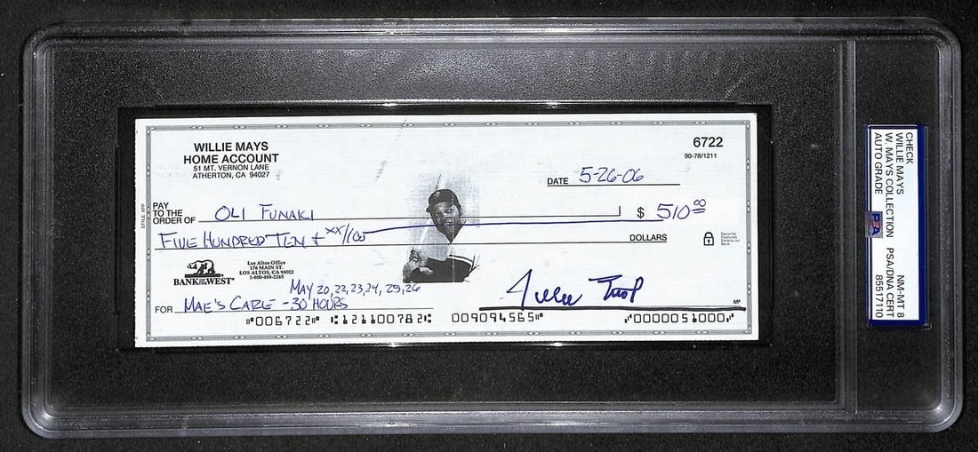 2006 Willie Mays HOF Autographed Bank Check PSA DNA NM MT 8: 2006 Willie Mays HOF Autographed Bank Check PSA DNA NM MT 8 Original Willie Mays Hall of Fame signed 2006 bank check. The autograph is authenticated by PSA/DNA, graded NM-MT 8, and encapsulated in a t