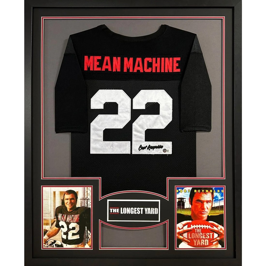 Framed Burt Reynolds Autographed Jersey with Beckett COA: Framed Burt Reynolds Autographed Jersey with Beckett COA Framed Burt Reynolds autographed jersey from The Longest Yard. This pre-owned piece includes Beckett authentication and a tamper-proof sticker.