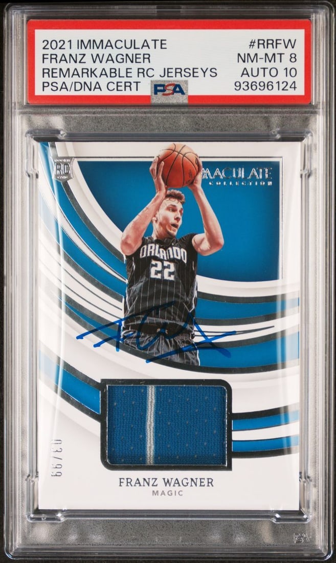 2021 Panini Immaculate Franz Wagner Autographed Card PSA 8 AUTO 10: 2021 Panini Immaculate Franz Wagner Autographed Card PSA 8 AUTO 10 This 2021 Panini Immaculate #RRFW Franz Wagner signed sports trading card is a must-have for any basketball enthusiast. Authenticated