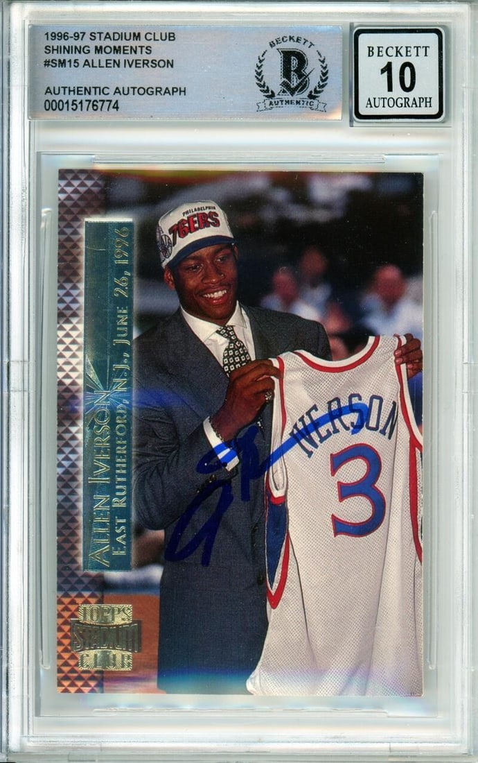 Allen Iverson 1996-97 Stadium Club Shining Moments SM15 Rookie Auto 10: Allen Iverson 1996-97 Stadium Club Shining Moments SM15 Rookie Auto 10 1996-97 Stadium Club Shining Moments #SM15 Allen Iverson rookie autograph sports trading card from the 1996 Topps Stadium Club se
